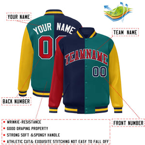 Custom Red Navy Aqua-Gold Color Block Bomber Varsity Full-Snap Baseball Jacket