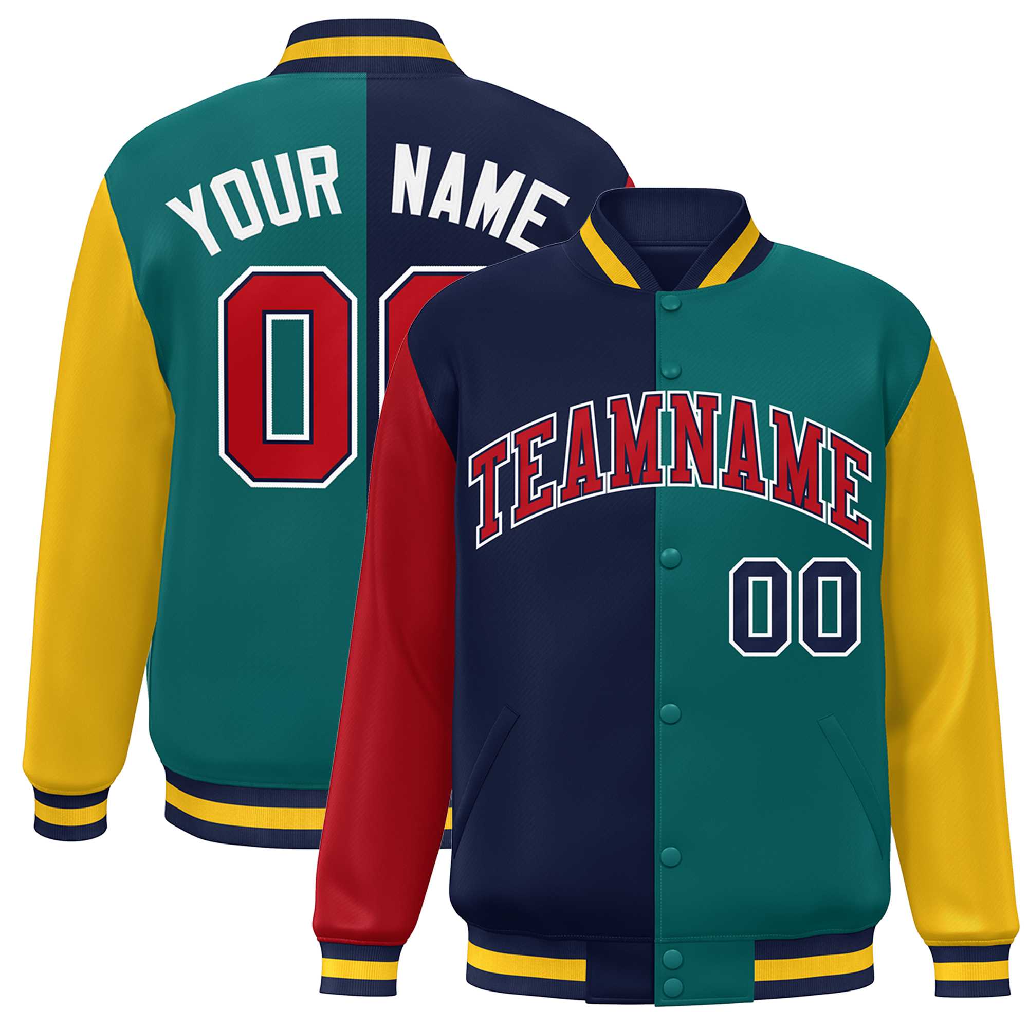 Custom Red Navy Aqua-Gold Color Block Bomber Varsity Full-Snap Baseball Jacket