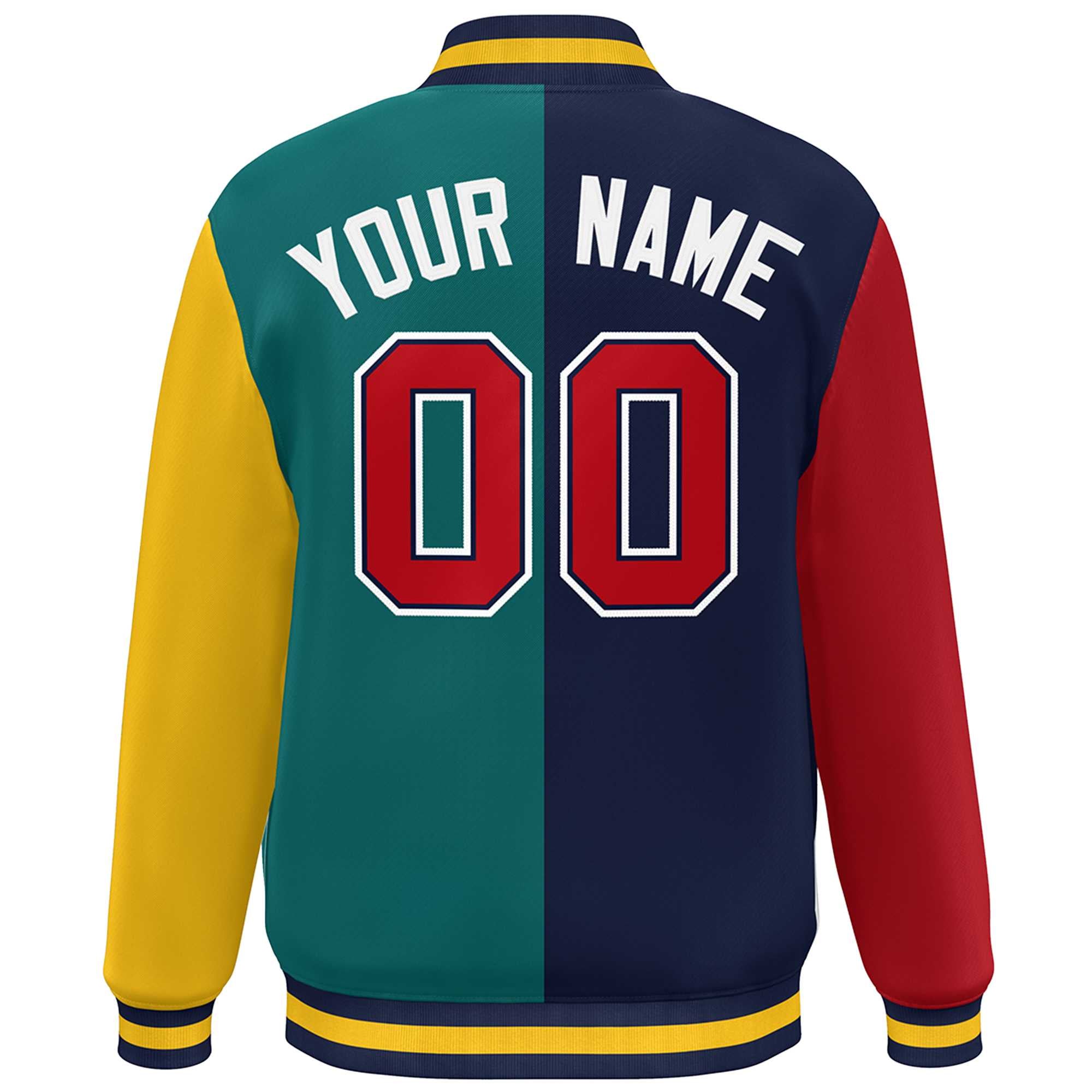 Custom Red Navy Aqua-Gold Color Block Bomber Varsity Full-Snap Baseball Jacket