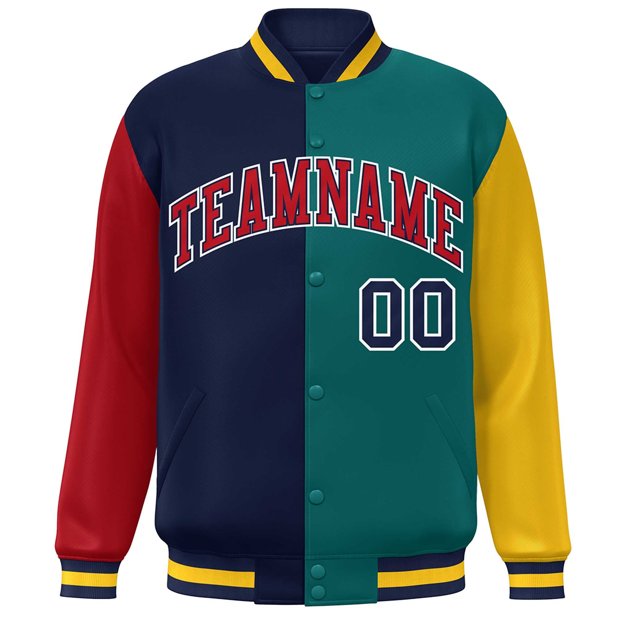 Custom Red Navy Aqua-Gold Color Block Bomber Varsity Full-Snap Baseball Jacket