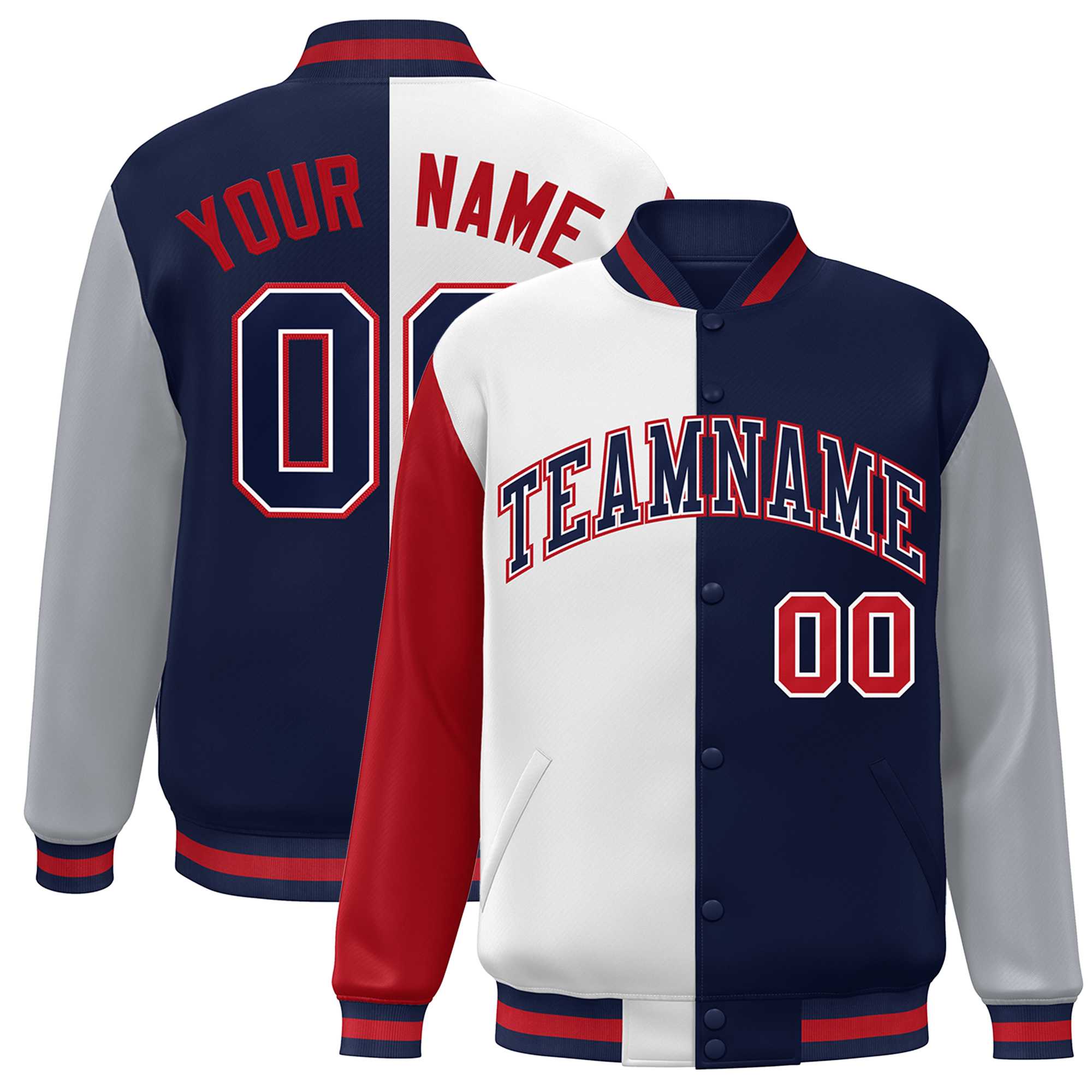 Custom Red White Navy-Gray Color Block Bomber Varsity Full-Snap Baseball Jacket