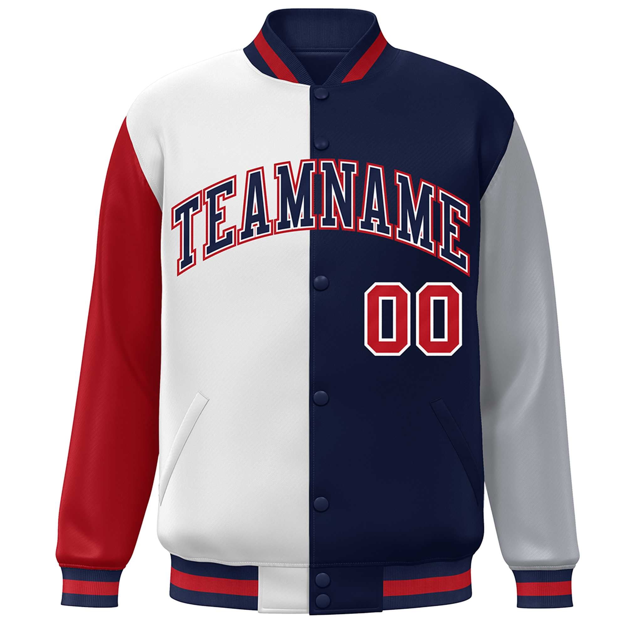 Custom Red White Navy-Gray Color Block Bomber Varsity Full-Snap Baseball Jacket