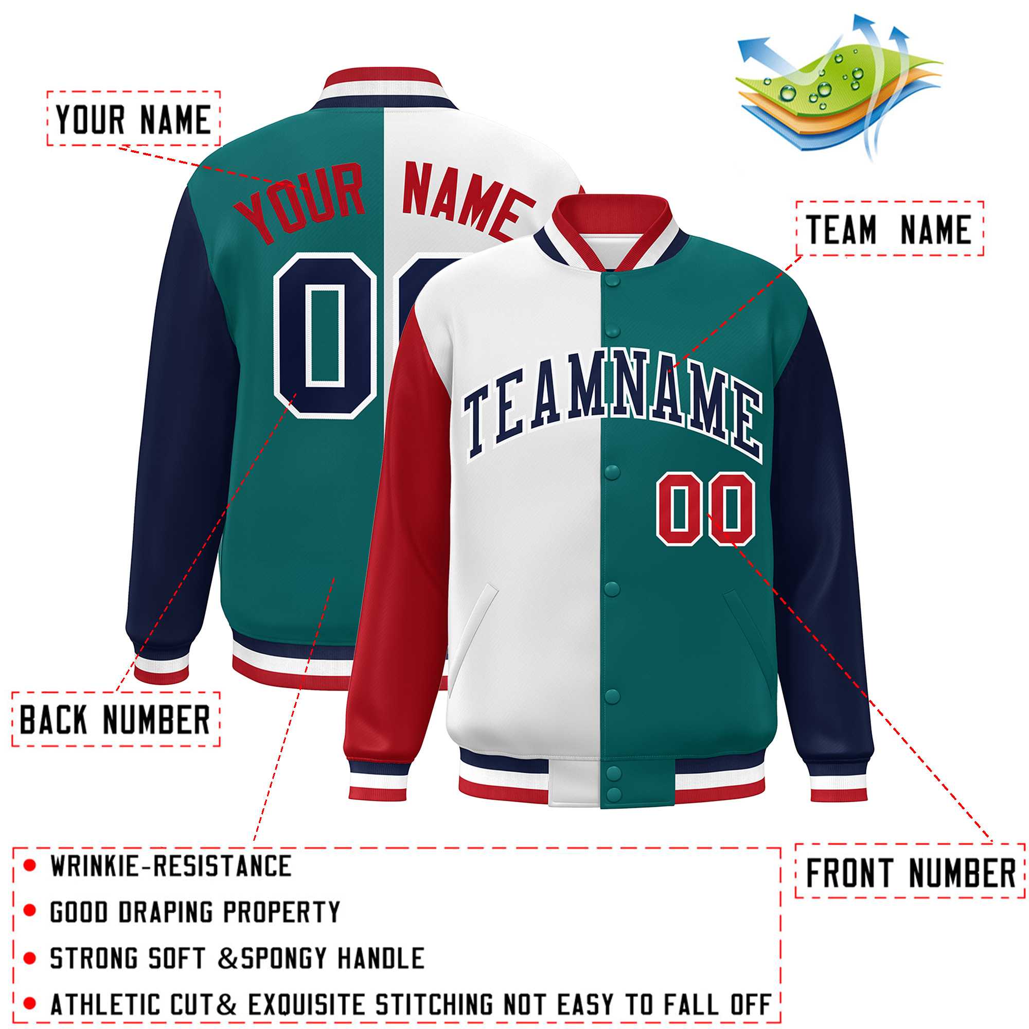 Custom Red White Aqua-Navy Color Block Bomber Varsity Full-Snap Baseball Jacket