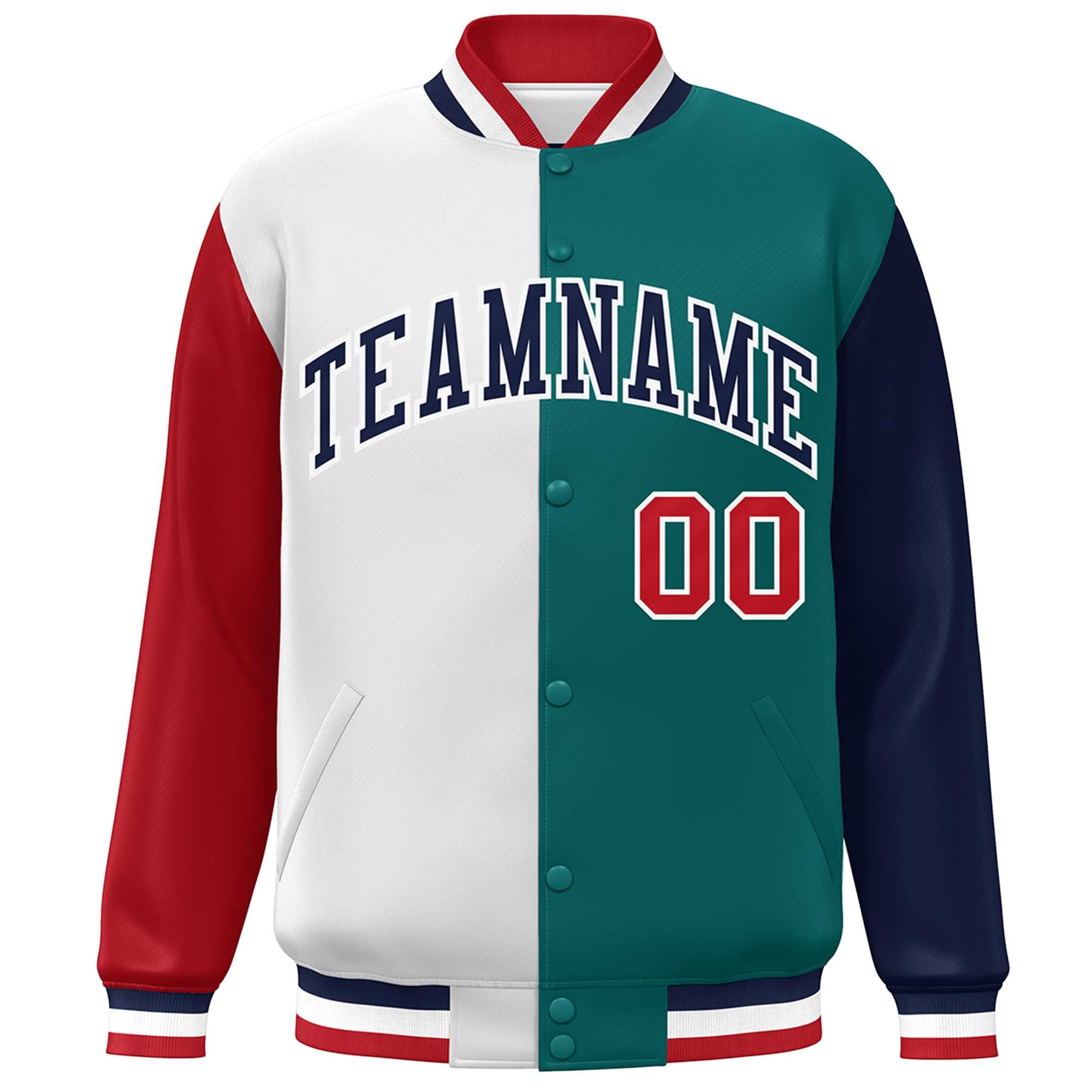 Custom Red White Aqua-Navy Color Block Bomber Varsity Full-Snap Baseball Jacket