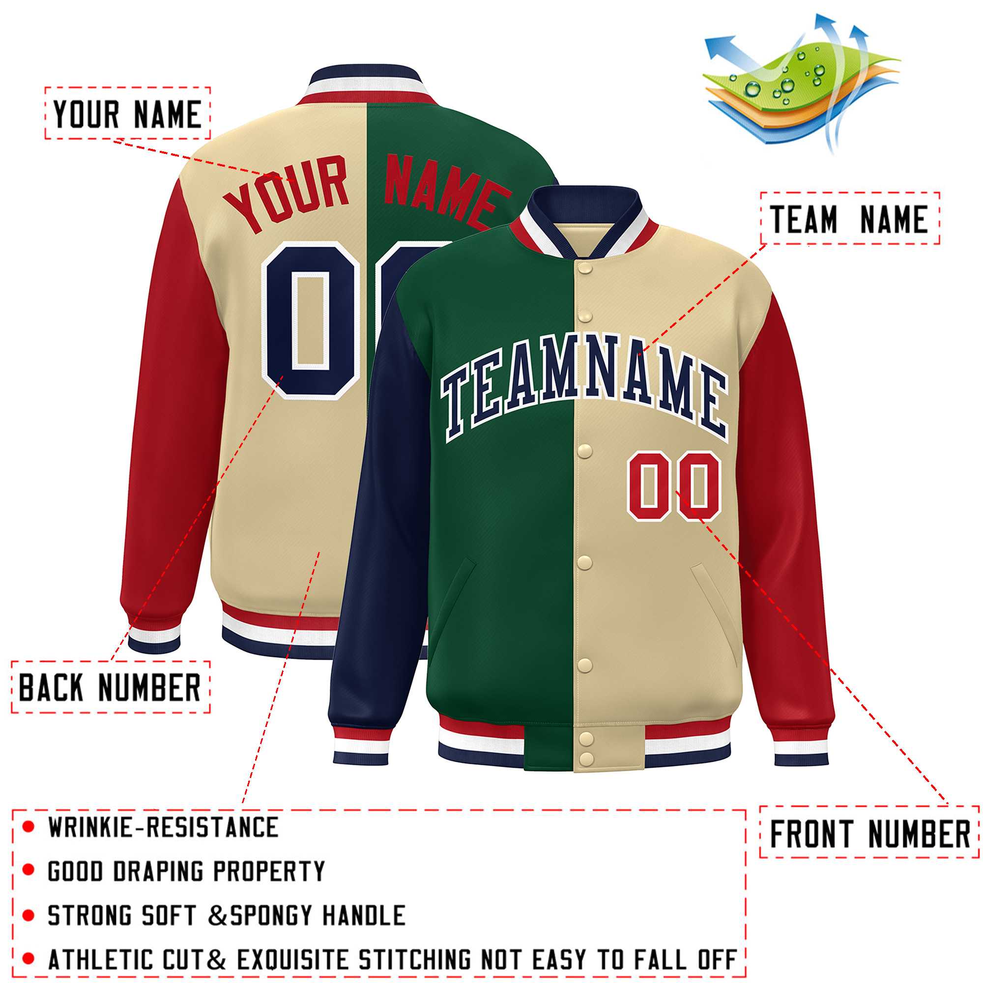 Custom Navy Green Khaki-Red Color Block Bomber Varsity Full-Snap Baseball Jacket