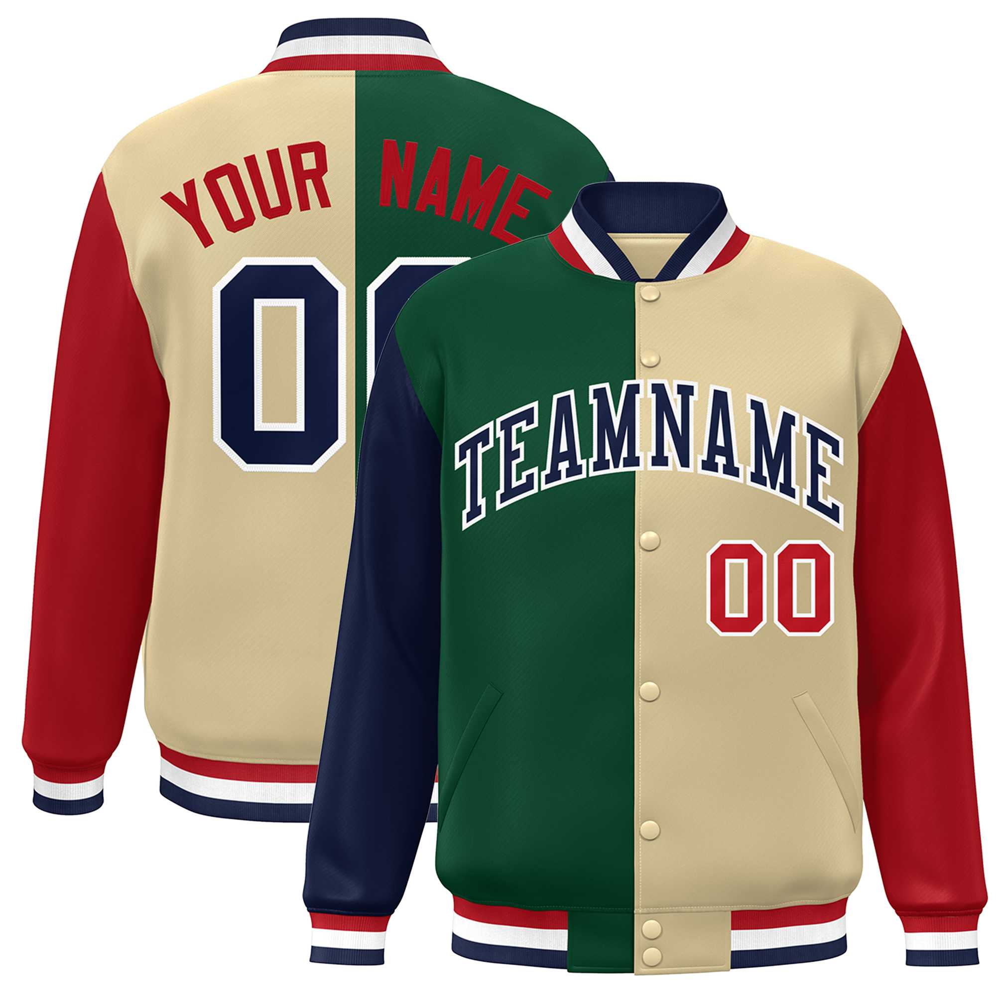 Custom Navy Green Khaki-Red Color Block Bomber Varsity Full-Snap Baseball Jacket