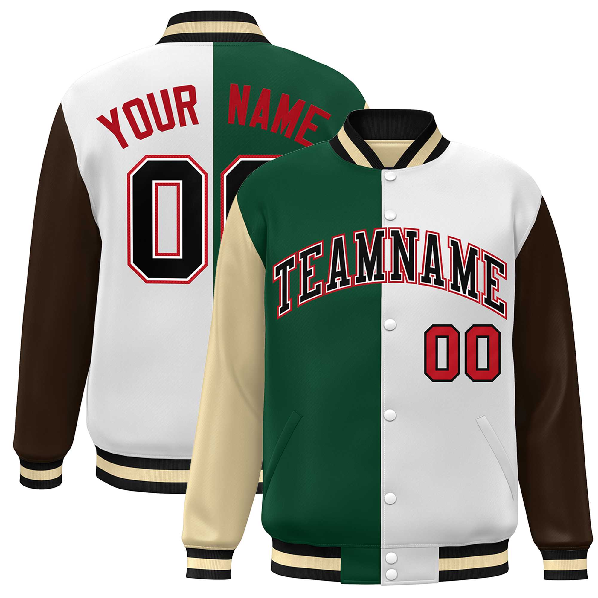 Custom Khaki Green White-Brown Color Block Bomber Varsity Full-Snap Baseball Jacket