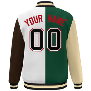 Custom Khaki Green White-Brown Color Block Bomber Varsity Full-Snap Baseball Jacket