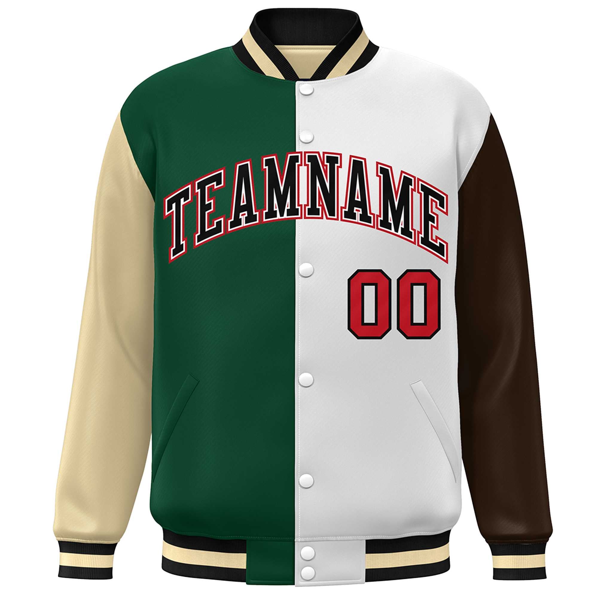 Custom Khaki Green White-Brown Color Block Bomber Varsity Full-Snap Baseball Jacket