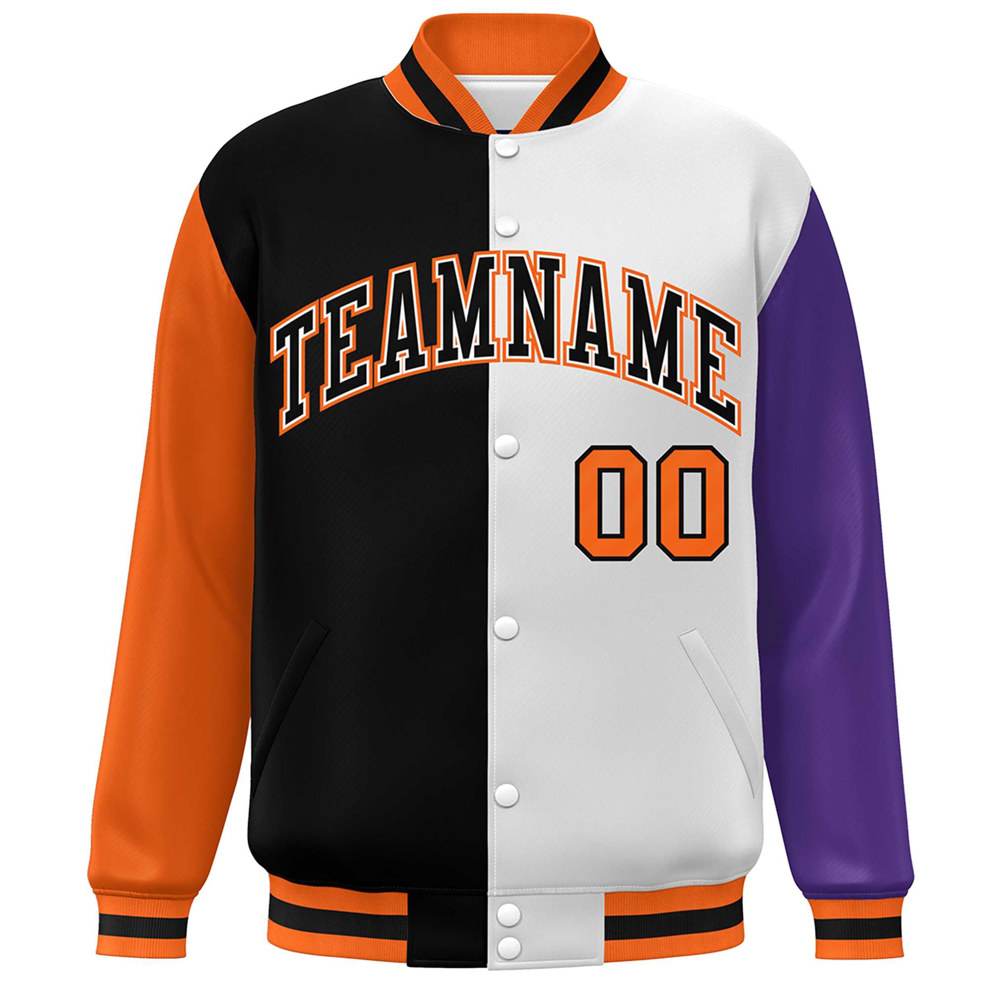 Custom Orange Black White-Purple Color Block Bomber Varsity Full-Snap Baseball Jacket