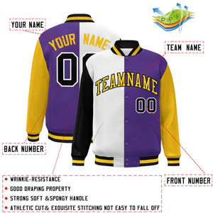 Custom Black White Purple-Gold Color Block Bomber Varsity Full-Snap Baseball Jacket