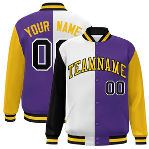 Custom Black White Purple-Gold Color Block Bomber Varsity Full-Snap Baseball Jacket