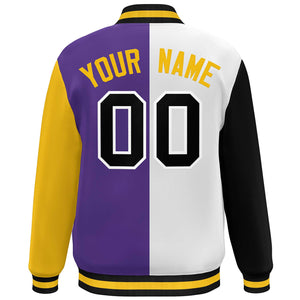 Custom Black White Purple-Gold Color Block Bomber Varsity Full-Snap Baseball Jacket