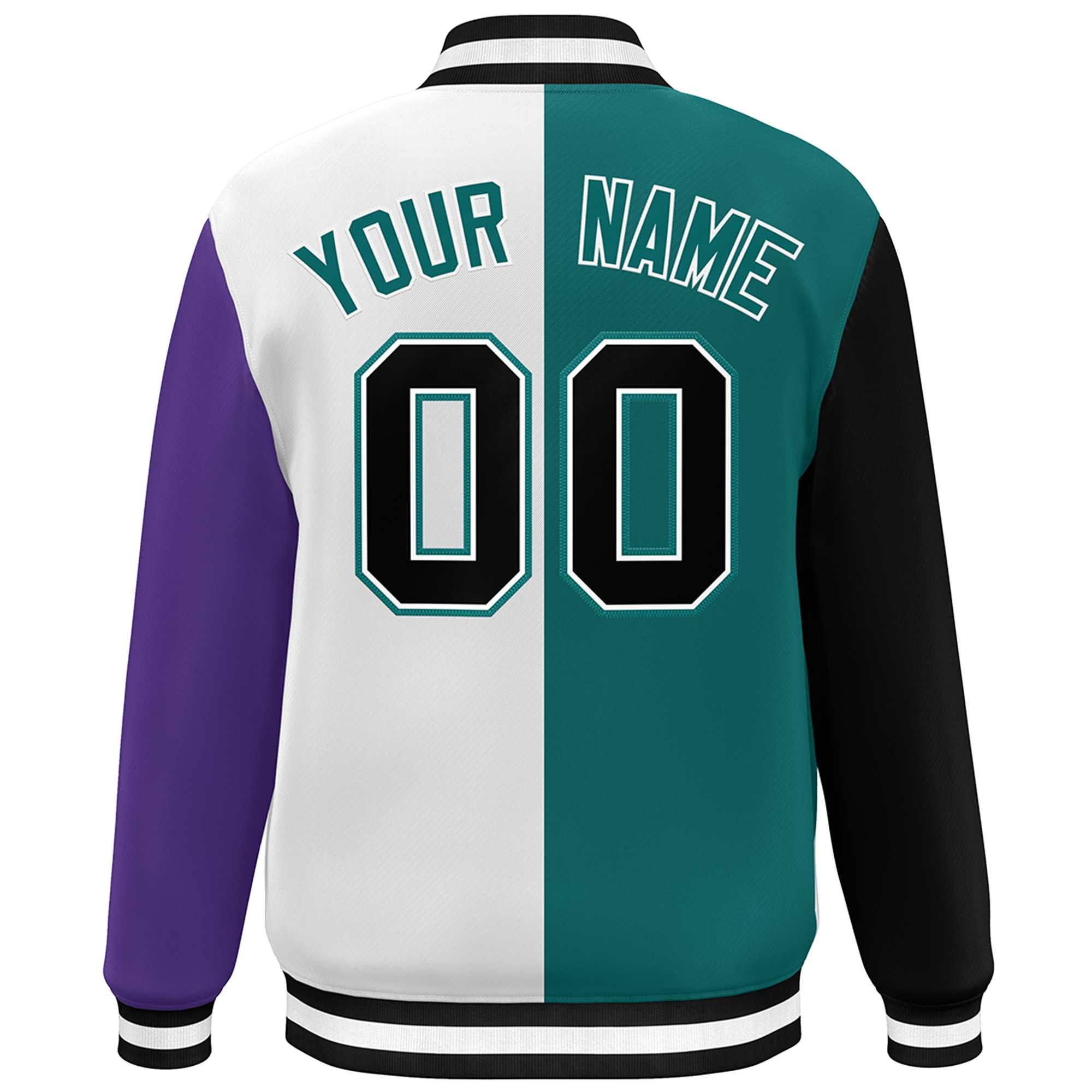 Custom Black Aqua White-Purple Color Block Bomber Varsity Full-Snap Baseball Jacket