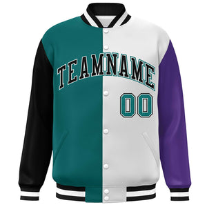 Custom Black Aqua White-Purple Color Block Bomber Varsity Full-Snap Baseball Jacket