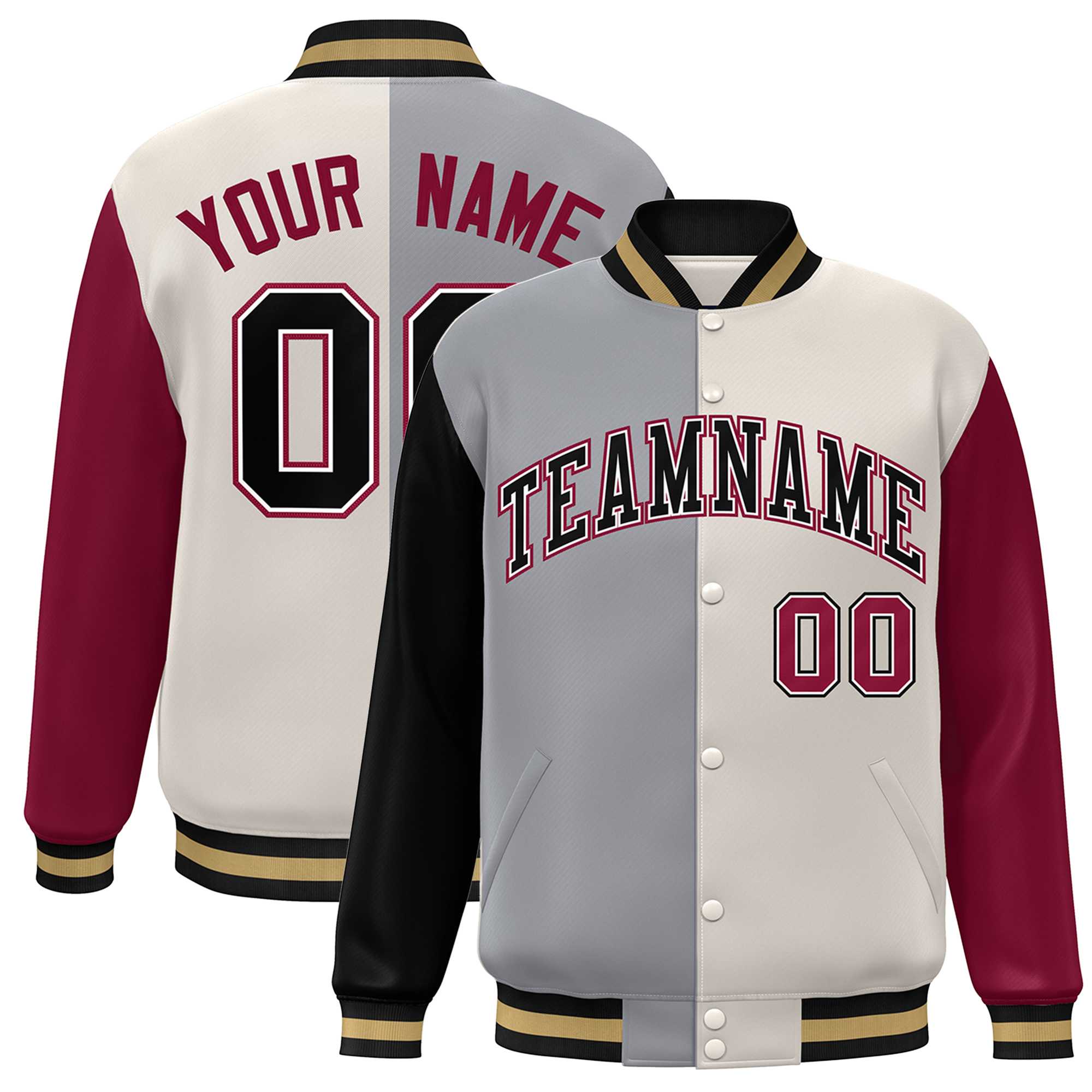 Custom Black Gray Khaki-Crimson Color Block Bomber Varsity Full-Snap Baseball Jacket