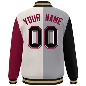 Custom Black Gray Khaki-Crimson Color Block Bomber Varsity Full-Snap Baseball Jacket