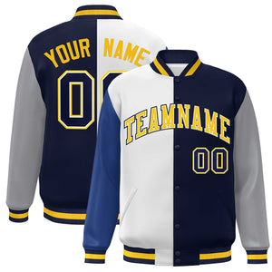 Custom Royal White Navy-Gray Color Block Bomber Varsity Full-Snap Baseball Jacket