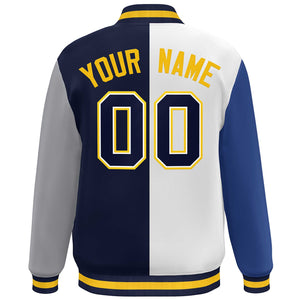 Custom Royal White Navy-Gray Color Block Bomber Varsity Full-Snap Baseball Jacket