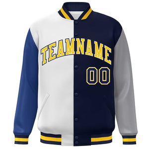 Custom Royal White Navy-Gray Color Block Bomber Varsity Full-Snap Baseball Jacket