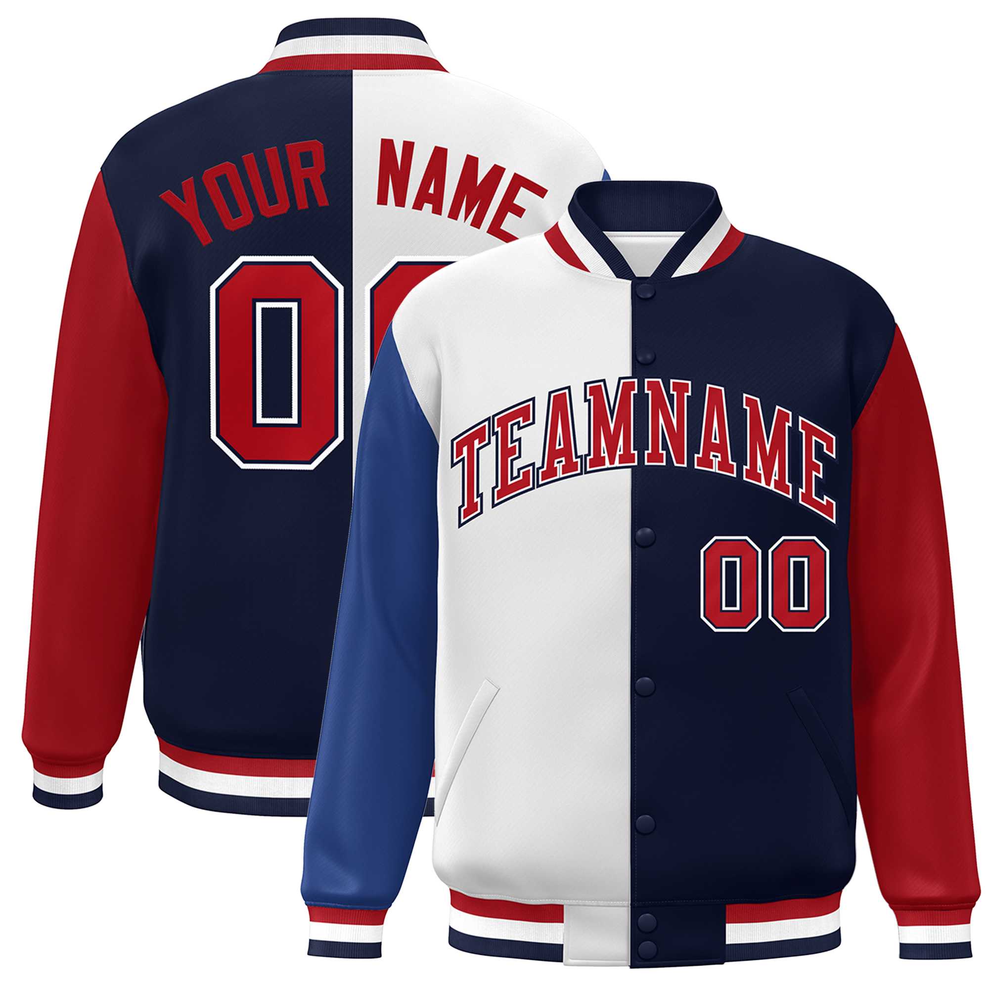 Custom Royal White Navy-Red Color Block Bomber Varsity Full-Snap Baseball Jacket