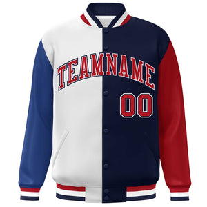 Custom Royal White Navy-Red Color Block Bomber Varsity Full-Snap Baseball Jacket