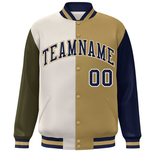 Custom Olive Khaki Old Gold-Navy Color Block Bomber Varsity Full-Snap Baseball Jacket