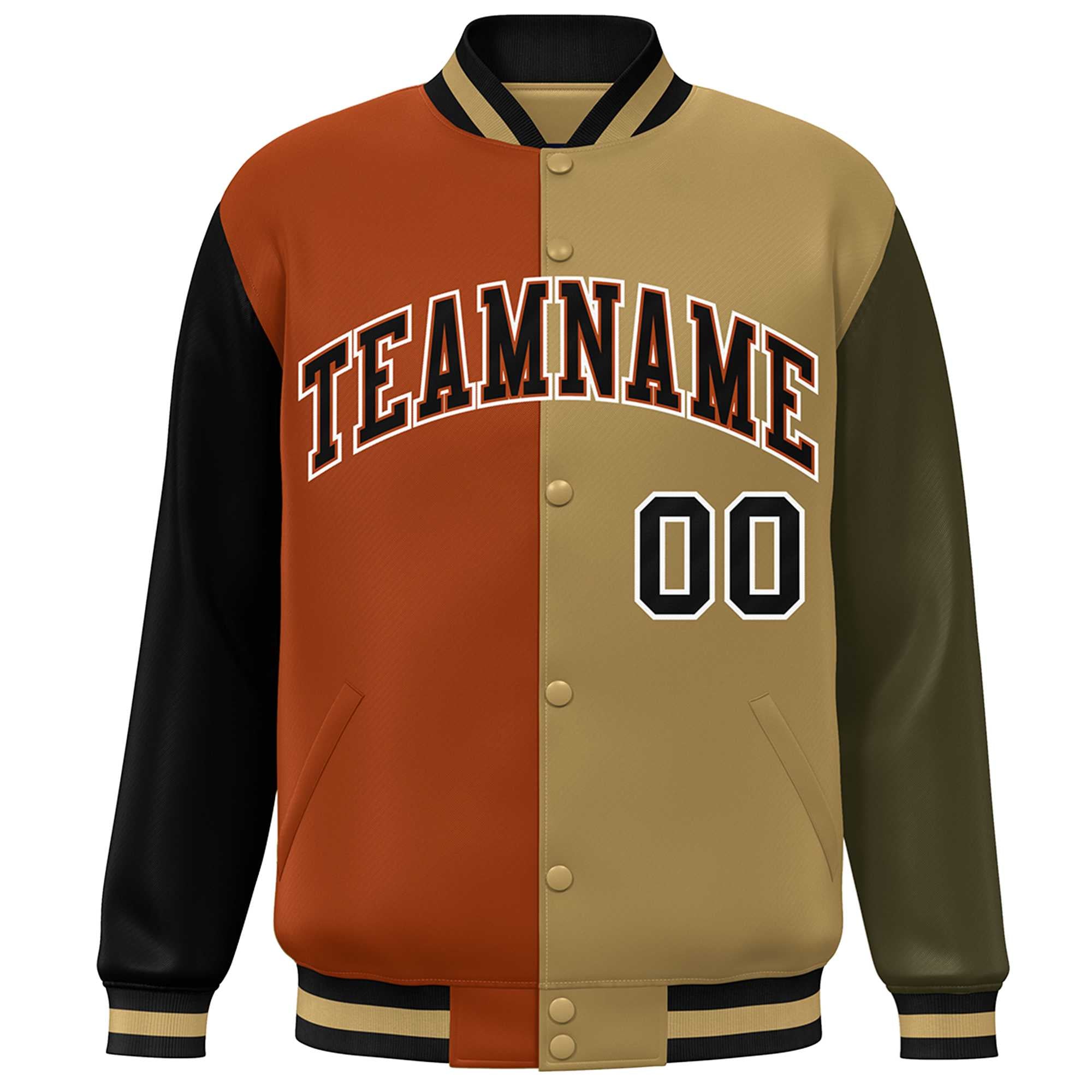 Custom Black Texas Orange Old Gold-Olive Color Block Bomber Varsity Full-Snap Baseball Jacket