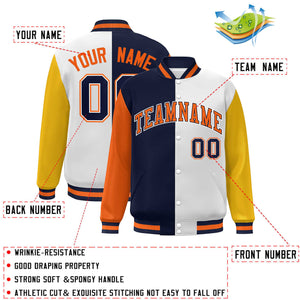 Custom Orange Navy White-Gold Color Block Bomber Varsity Full-Snap Baseball Jacket