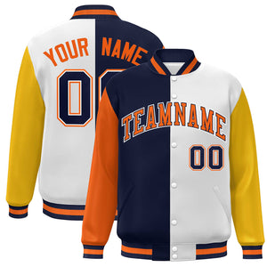 Custom Orange Navy White-Gold Color Block Bomber Varsity Full-Snap Baseball Jacket