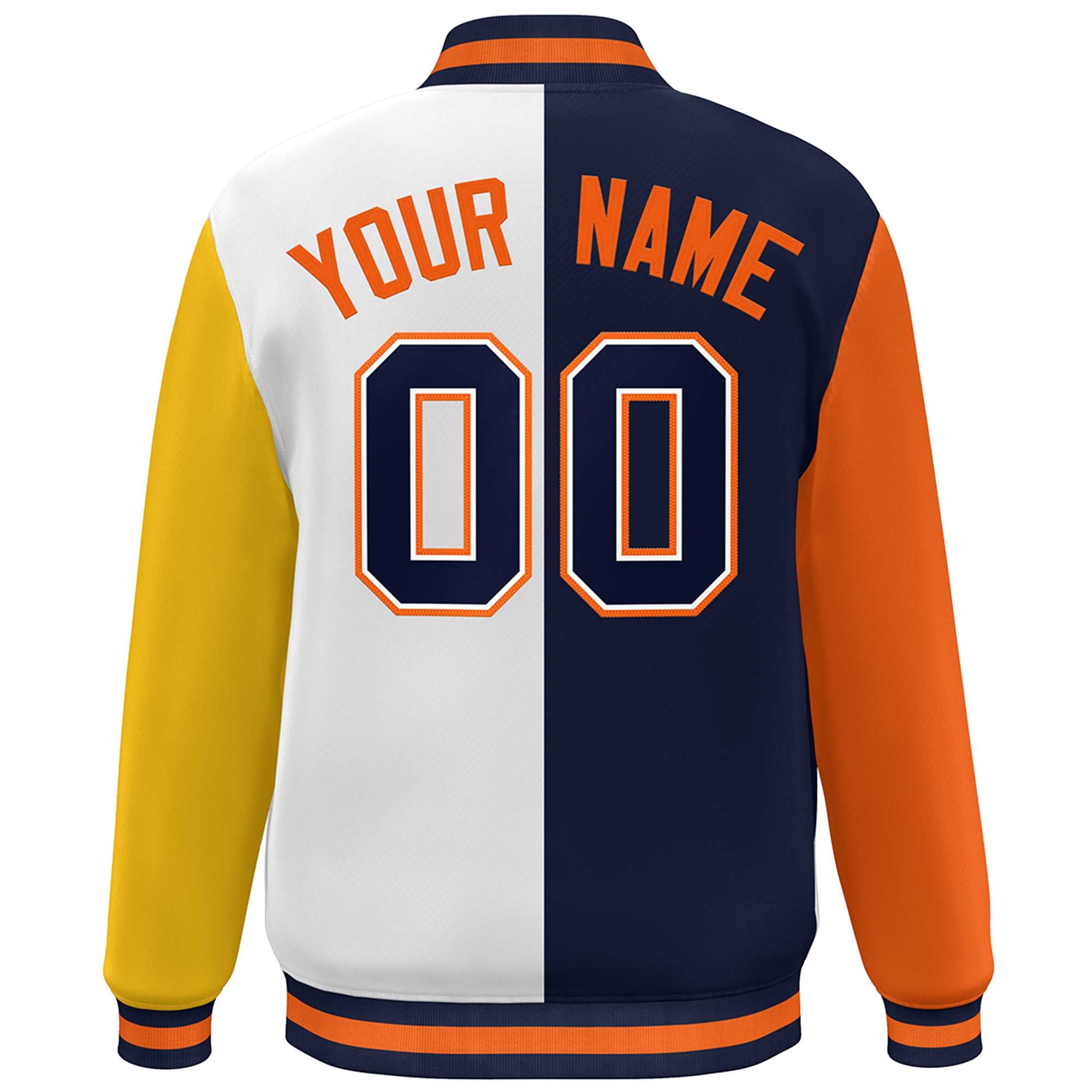 Custom Orange Navy White-Gold Color Block Bomber Varsity Full-Snap Baseball Jacket