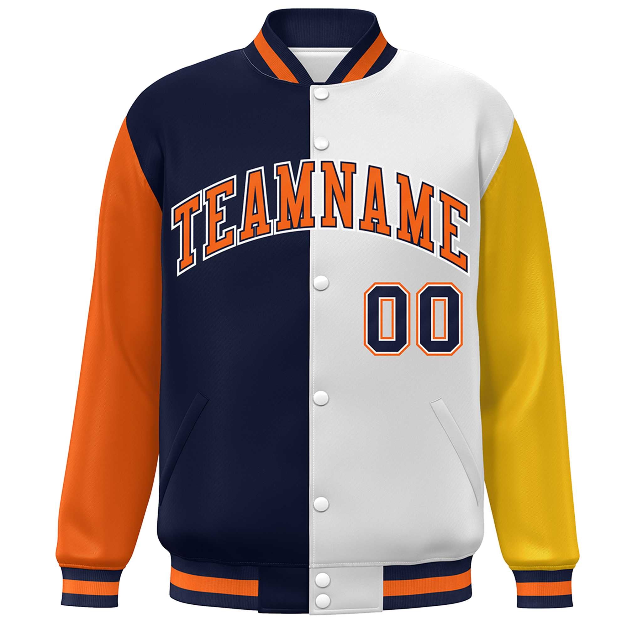 Custom Orange Navy White-Gold Color Block Bomber Varsity Full-Snap Baseball Jacket