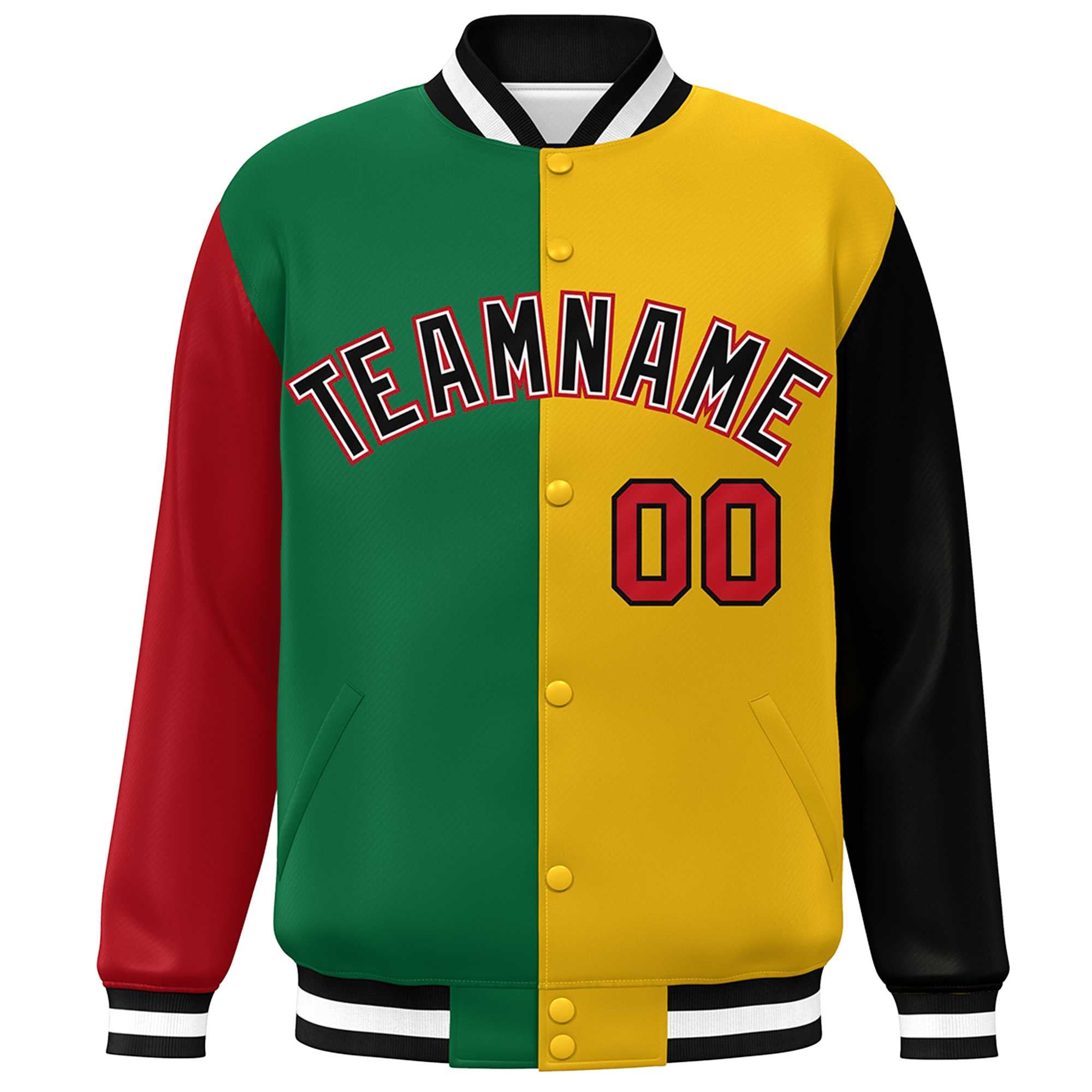 Custom Red Kelly Green Gold-Black Color Block Bomber Varsity Full-Snap Baseball Jacket