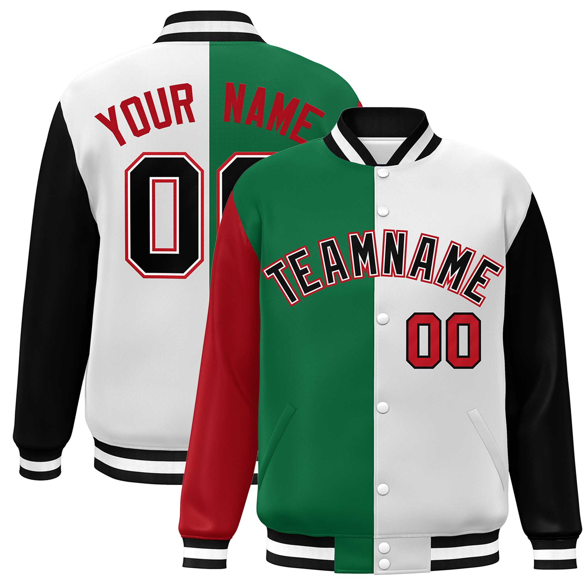 Custom Red Kelly Green White-Black Color Block Bomber Varsity Full-Snap Baseball Jacket