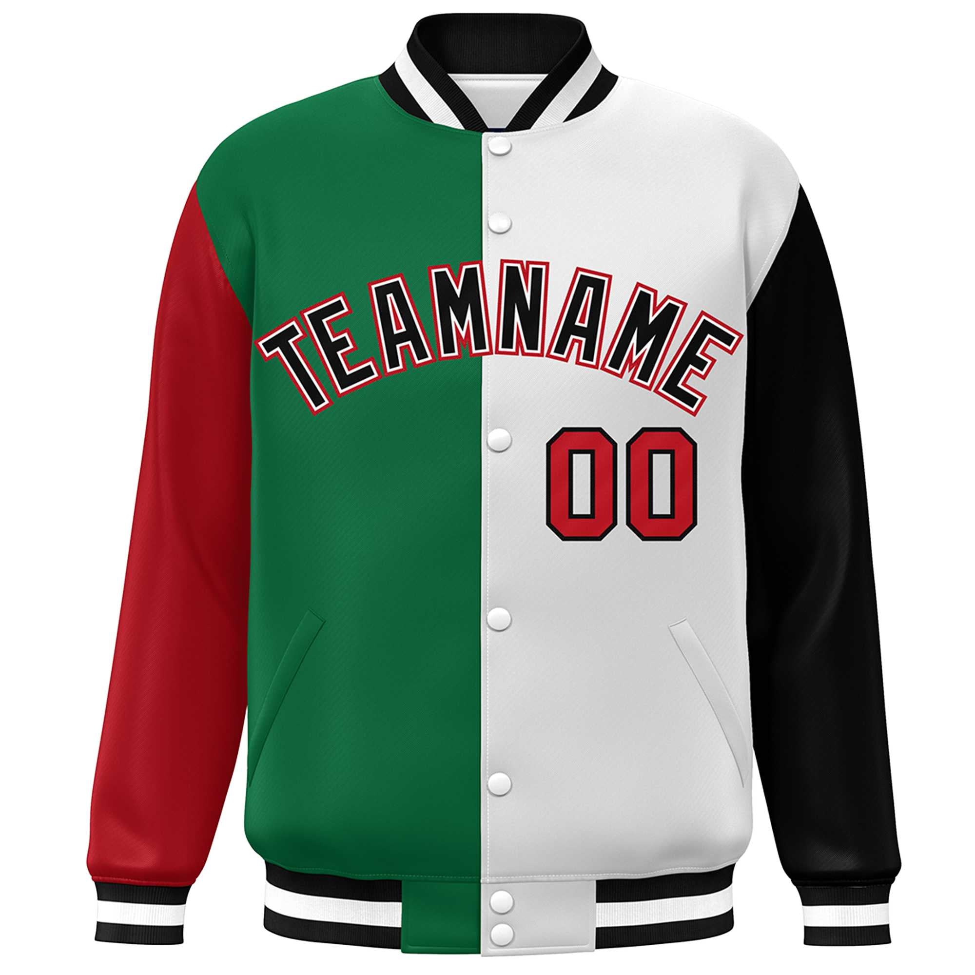 Custom Red Kelly Green White-Black Color Block Bomber Varsity Full-Snap Baseball Jacket