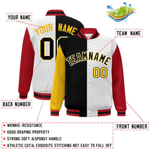 Custom Gold Black White-Red Color Block Bomber Varsity Full-Snap Baseball Jacket