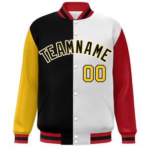 Custom Gold Black White-Red Color Block Bomber Varsity Full-Snap Baseball Jacket