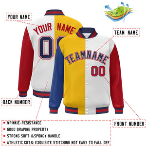 Custom Royal Gold White-Red Color Block Bomber Varsity Full-Snap Baseball Jacket