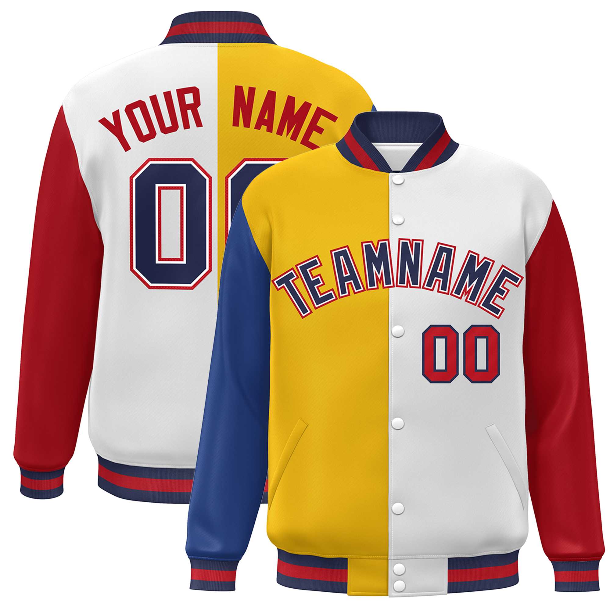 Custom Royal Gold White-Red Color Block Bomber Varsity Full-Snap Baseball Jacket