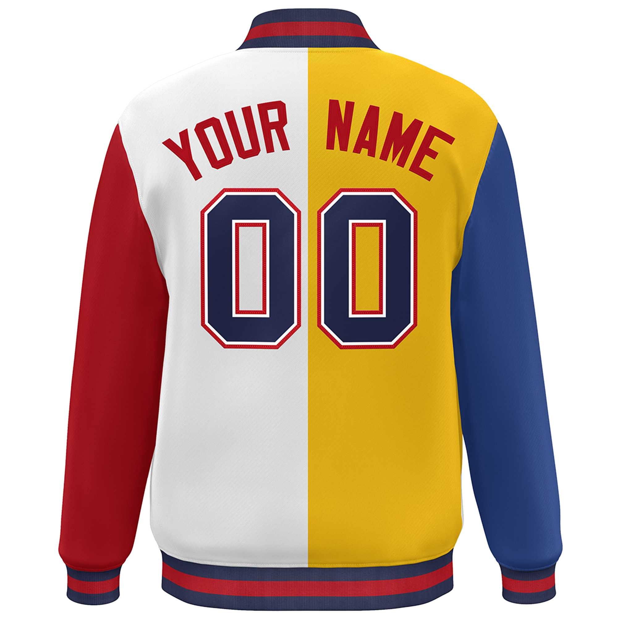 Custom Royal Gold White-Red Color Block Bomber Varsity Full-Snap Baseball Jacket