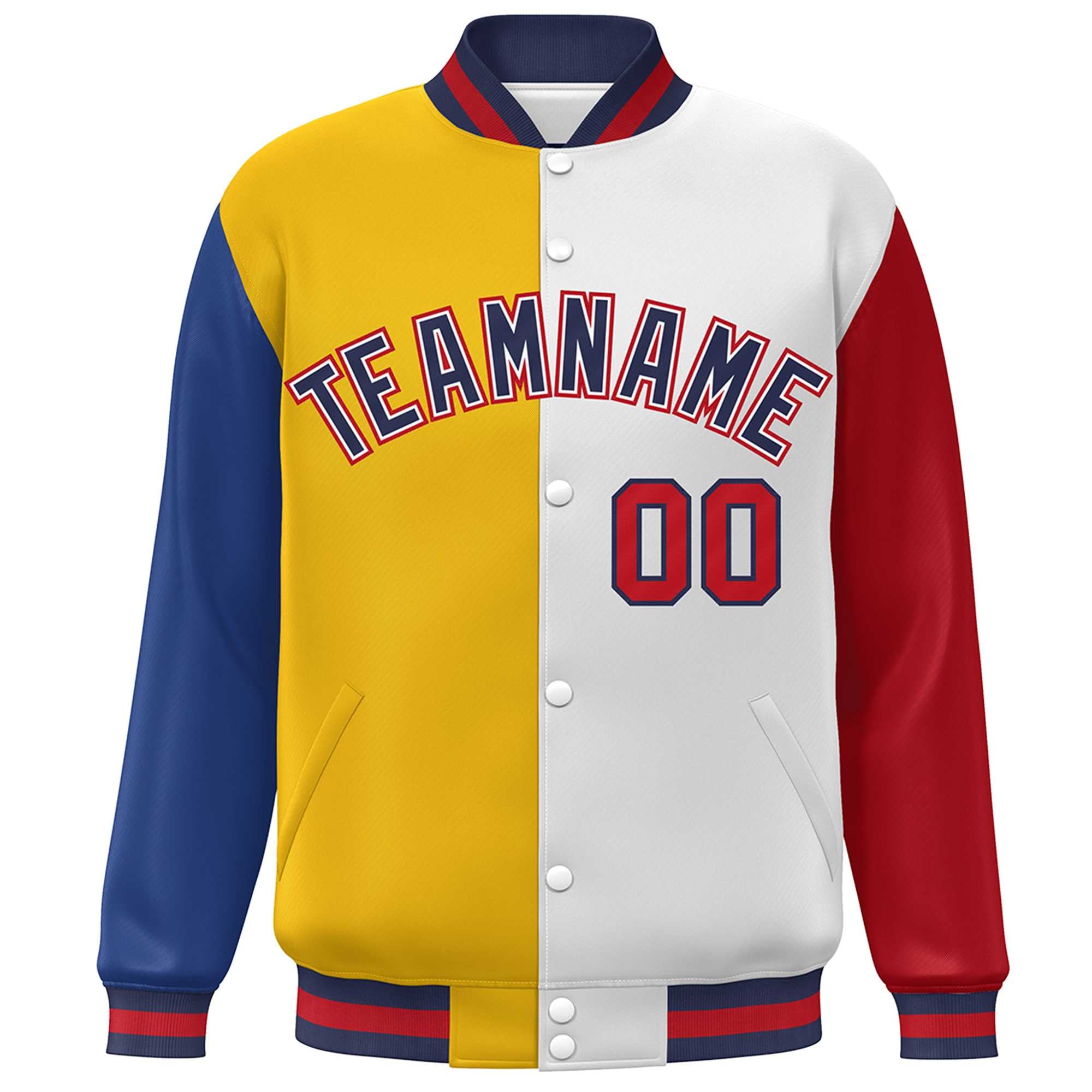 Custom Royal Gold White-Red Color Block Bomber Varsity Full-Snap Baseball Jacket