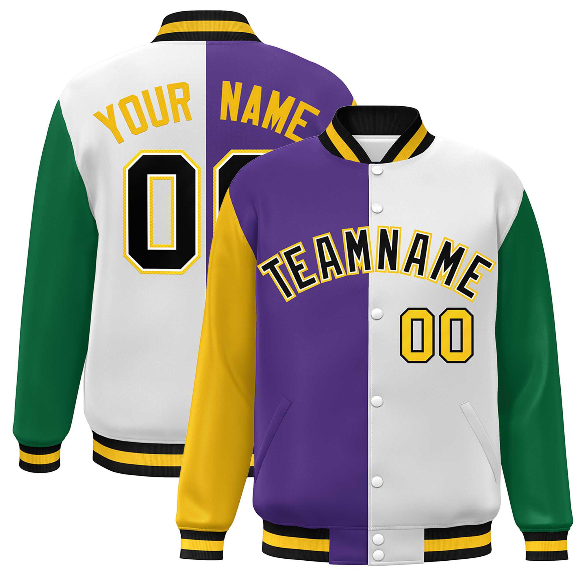 Custom Gold Purple White-Kelly Green Color Block Bomber Varsity Full-Snap Baseball Jacket