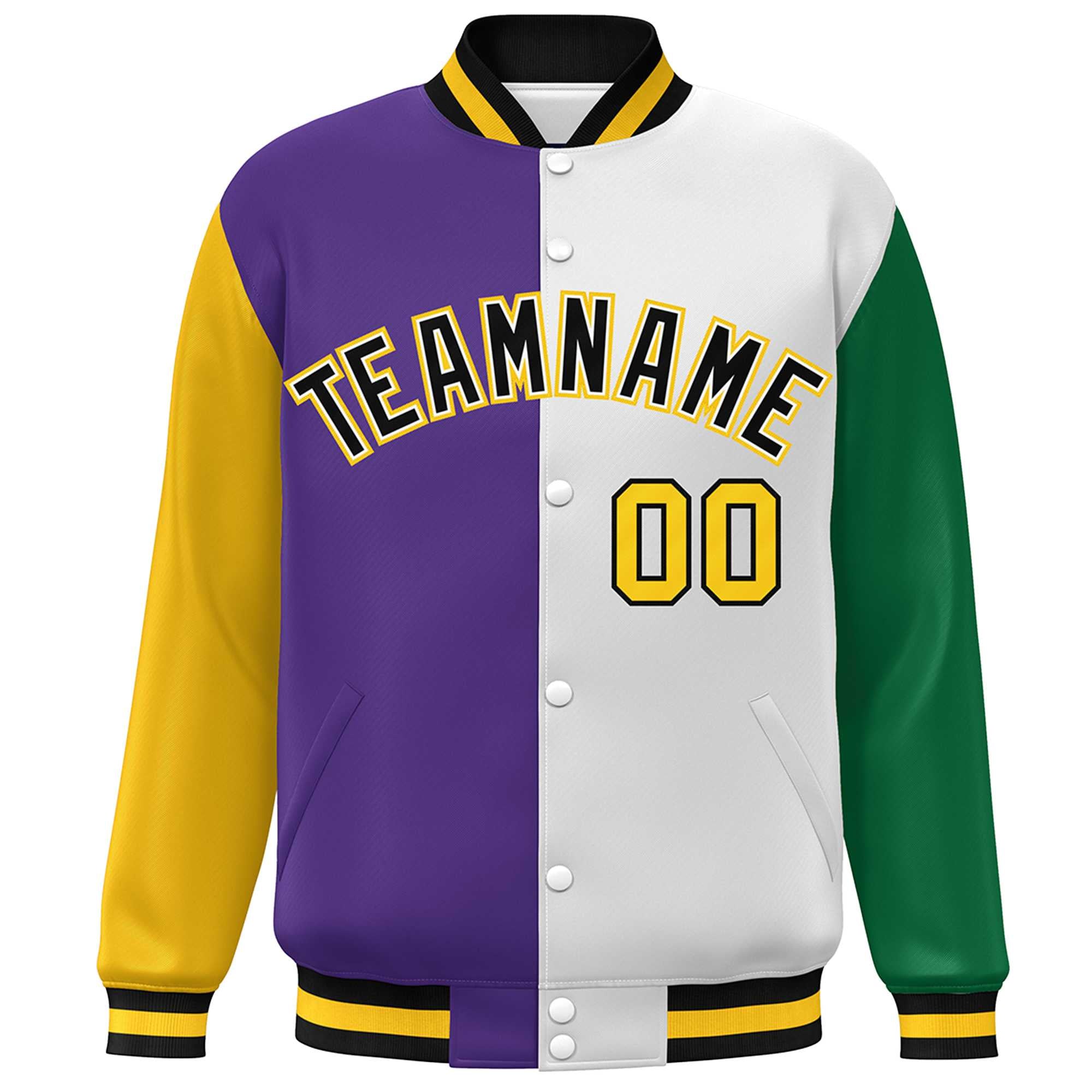 Custom Gold Purple White-Kelly Green Color Block Bomber Varsity Full-Snap Baseball Jacket