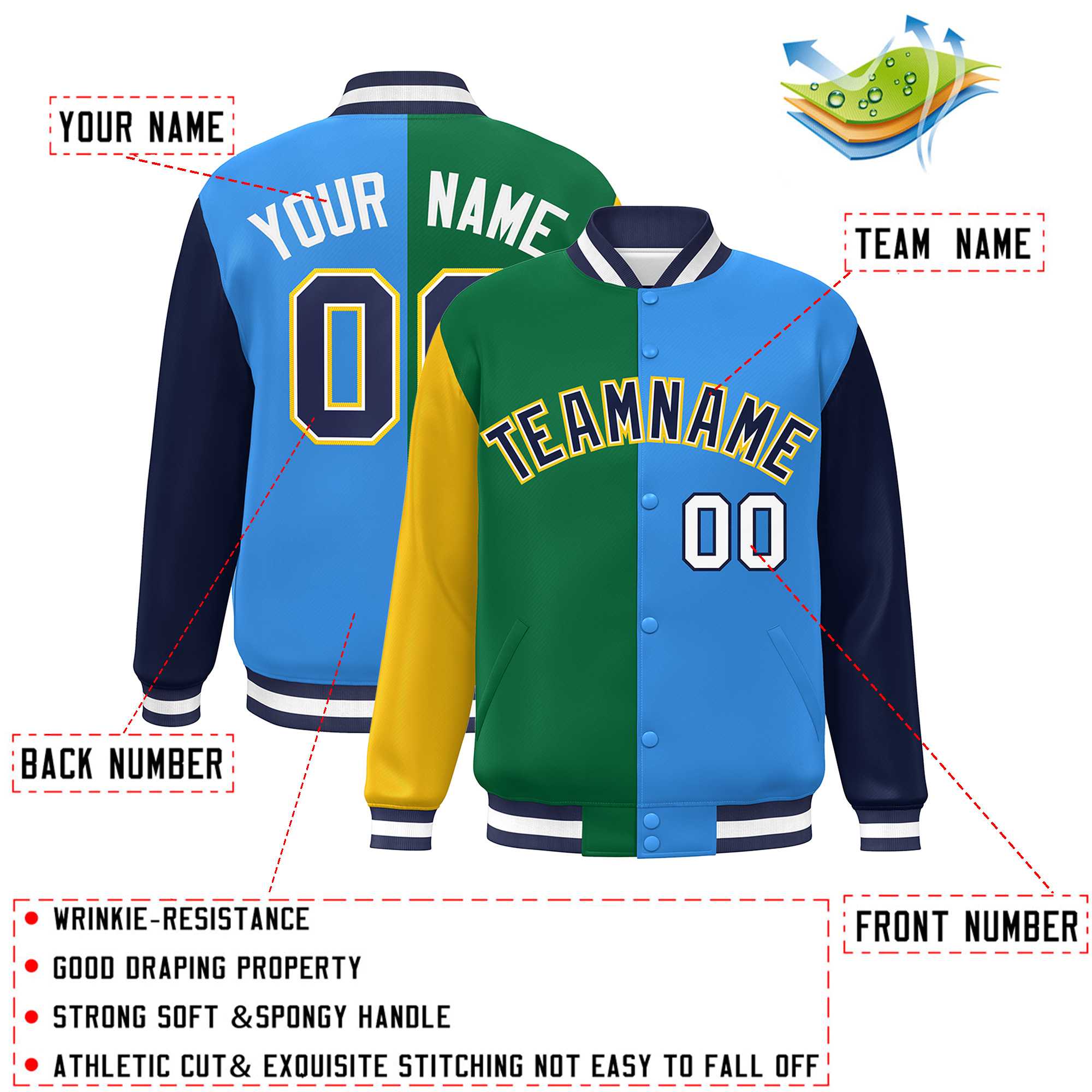 Custom Gold Kelly Green Powder Blue-Navy Color Block Bomber Varsity Full-Snap Baseball Jacket