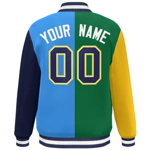 Custom Gold Kelly Green Powder Blue-Navy Color Block Bomber Varsity Full-Snap Baseball Jacket