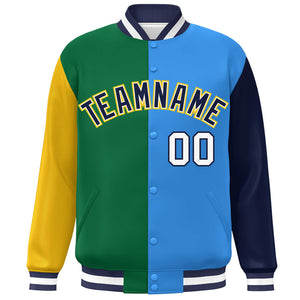 Custom Gold Kelly Green Powder Blue-Navy Color Block Bomber Varsity Full-Snap Baseball Jacket