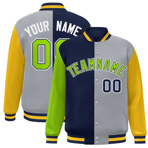 Custom Neon Green Navy Gray-Gold Color Block Bomber Varsity Full-Snap Baseball Jacket