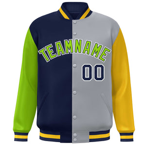 Custom Neon Green Navy Gray-Gold Color Block Bomber Varsity Full-Snap Baseball Jacket