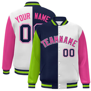 Custom Neon Green Navy White-Pink Color Block Bomber Varsity Full-Snap Baseball Jacket