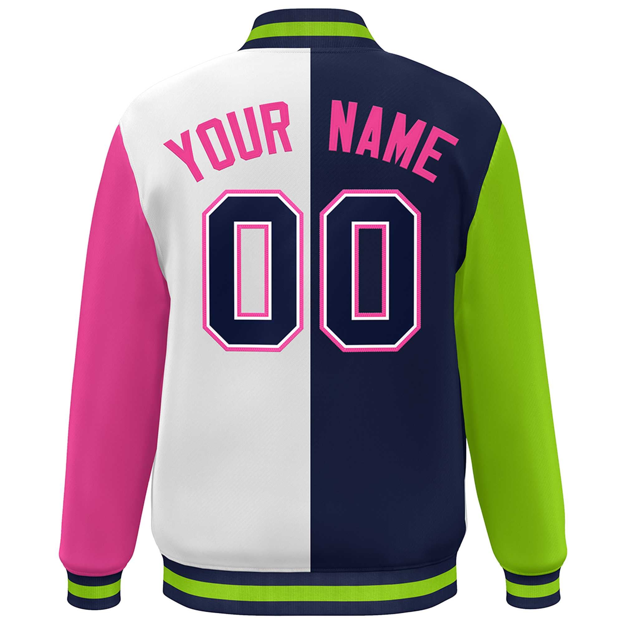 Custom Neon Green Navy White-Pink Color Block Bomber Varsity Full-Snap Baseball Jacket